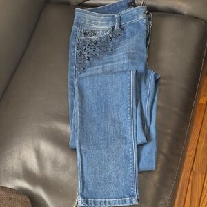 White House Black Market Blue Skinny Jeans with Black Embroidery